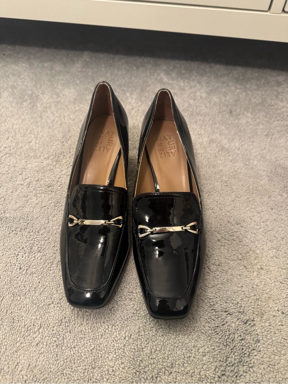 Vince Camuto Black Patent Leather Loafers with Gold Bit